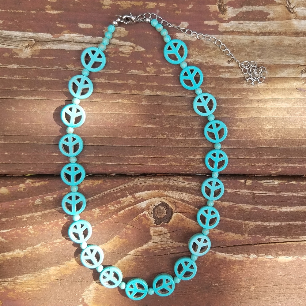 Peace Sign Necklace & Bracelet Set - Turquoise - Picture 2 of 7